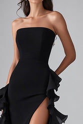 Schwarzes Elegantes Langes Ballkleid mit Rüschen und Schlitz